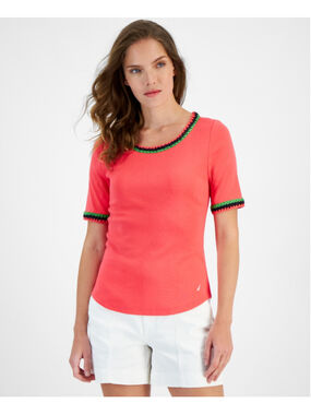 Nautica Jeans Size Extra Large Pink Cotton Crochet Trim Tee Short Sleeve Top NWT
